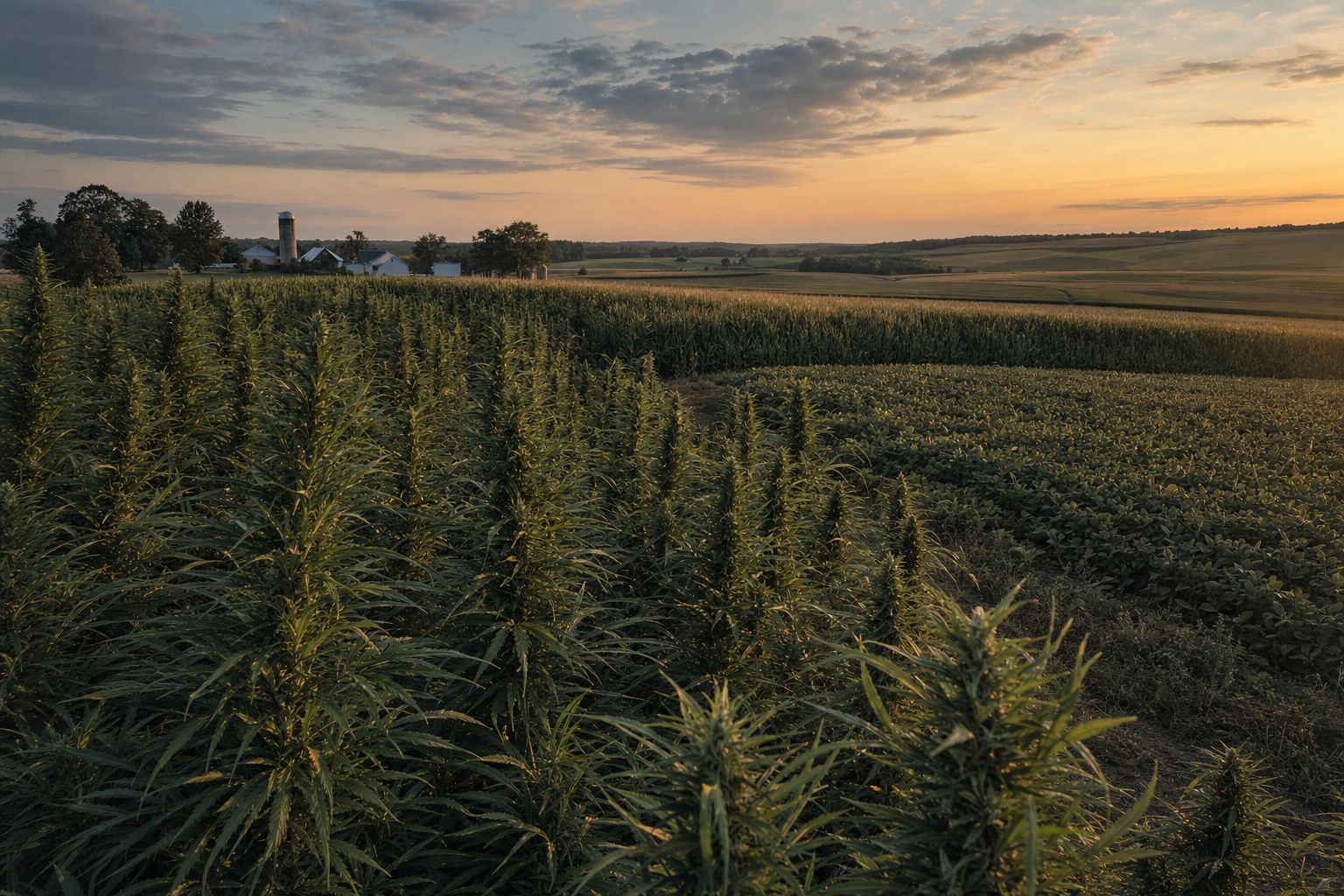 Hemp field alongside corn and soybean crops at dusk