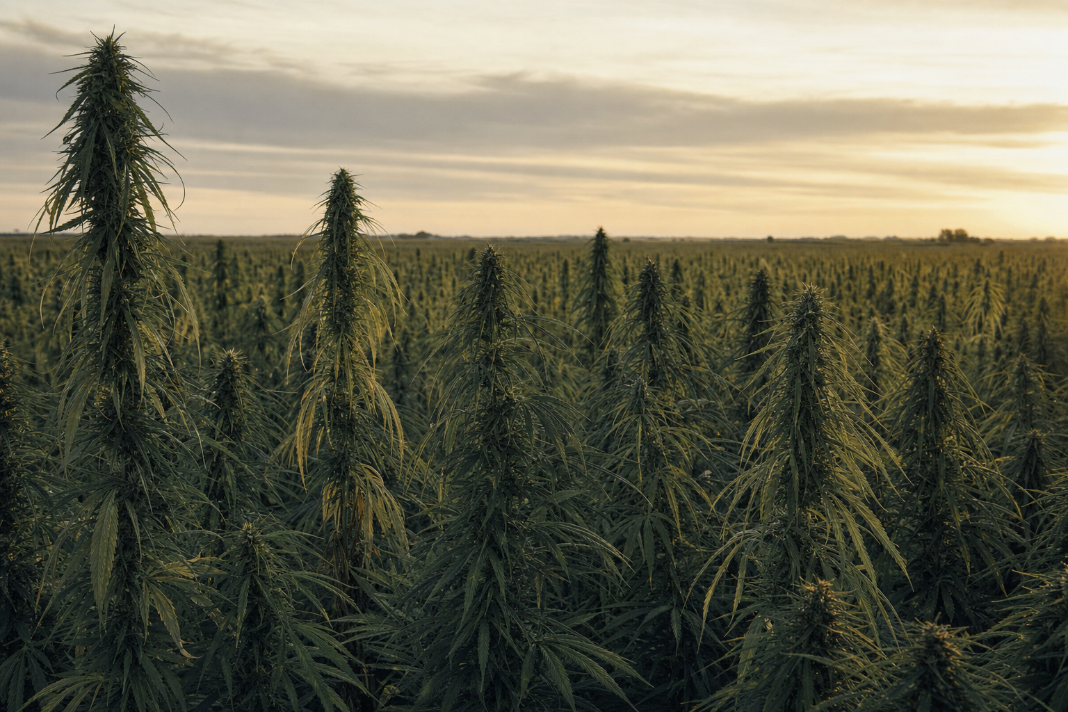 Dense field of industrial hemp stalks at golden hour