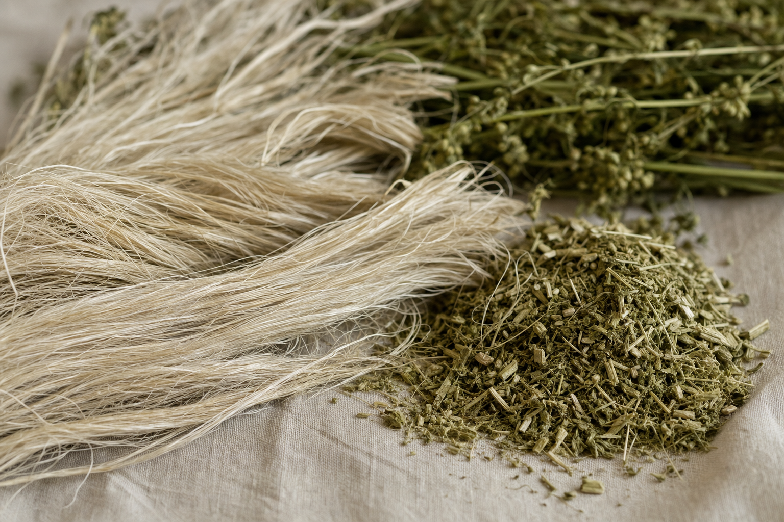 Raw hemp bast fiber and hurd biomass